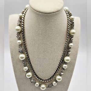 Givenchy Vintage Double Strand Faux Pearl Rhinestone Chain Necklace